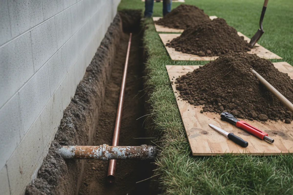 Excavated water line trench during Sewer Line Repair in Golden Meadow